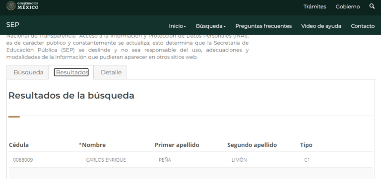 Como buscar una Cedula Profesional Resultado busqueda numero